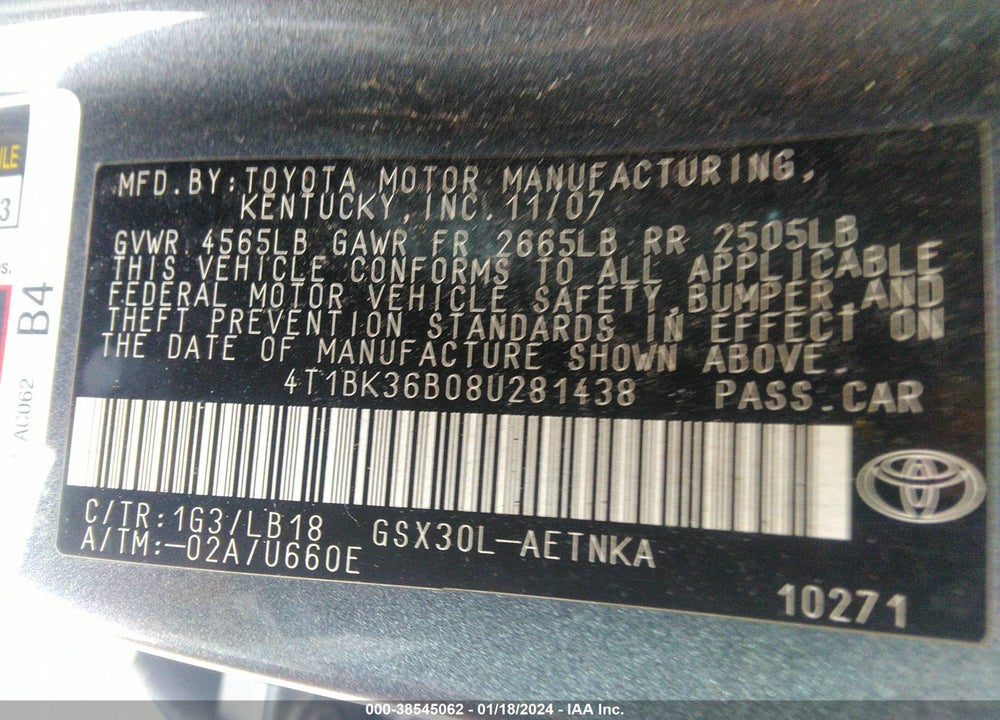 2008 TOYOTA AVALON TOURING VIN: 4T1BK36B08U281438