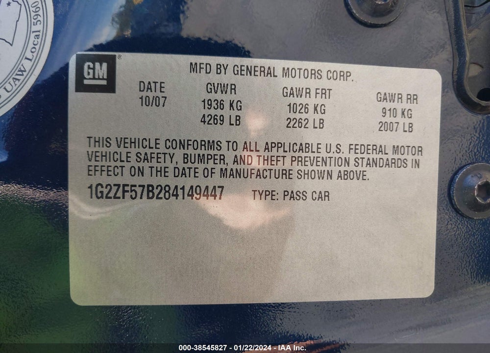 2008 PONTIAC G6 VIN: 1G2ZF57B284149447