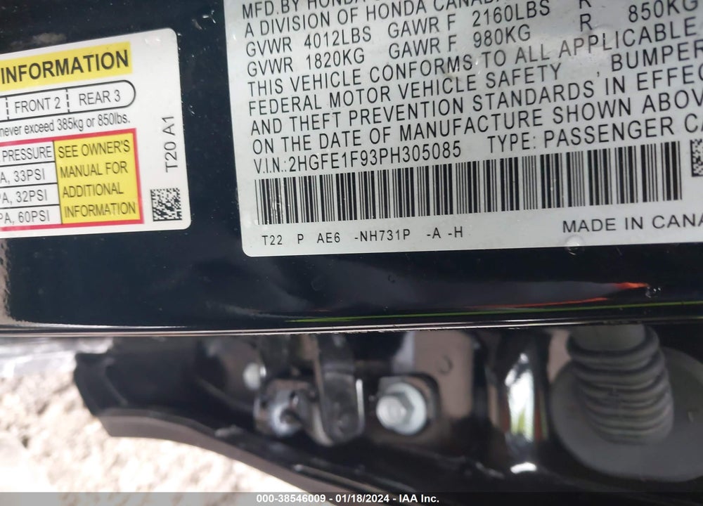2023 HONDA CIVIC TOURING VIN: 2HGFE1F93PH305085