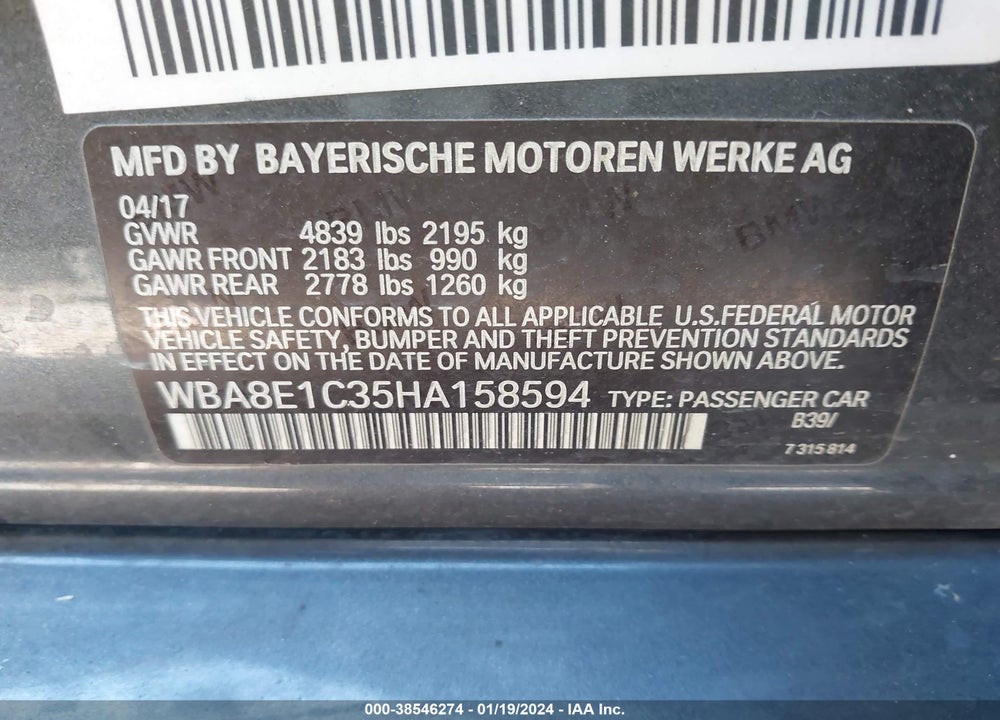 2017 BMW 330E IPERFORMANCE VIN: WBA8E1C35HA158594
