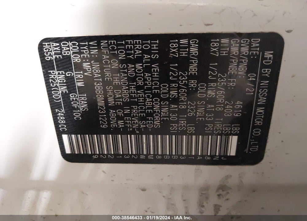 2021 NISSAN ROGUE VIN: JN8AT3BB8MW231229