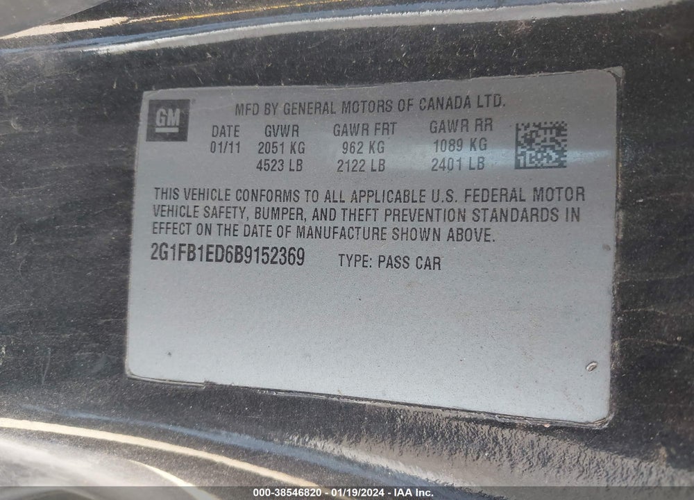 2011 CHEVROLET CAMARO 1LT VIN: 2G1FB1ED6B9152369