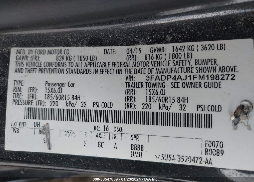 2015 FORD FIESTA S VIN: 3FADP4AJ1FM198272