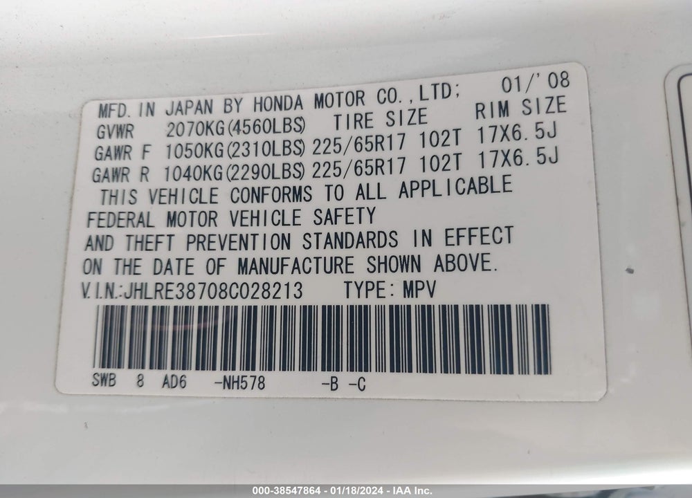 2008 HONDA CR-V EX-L VIN: JHLRE38708C028213
