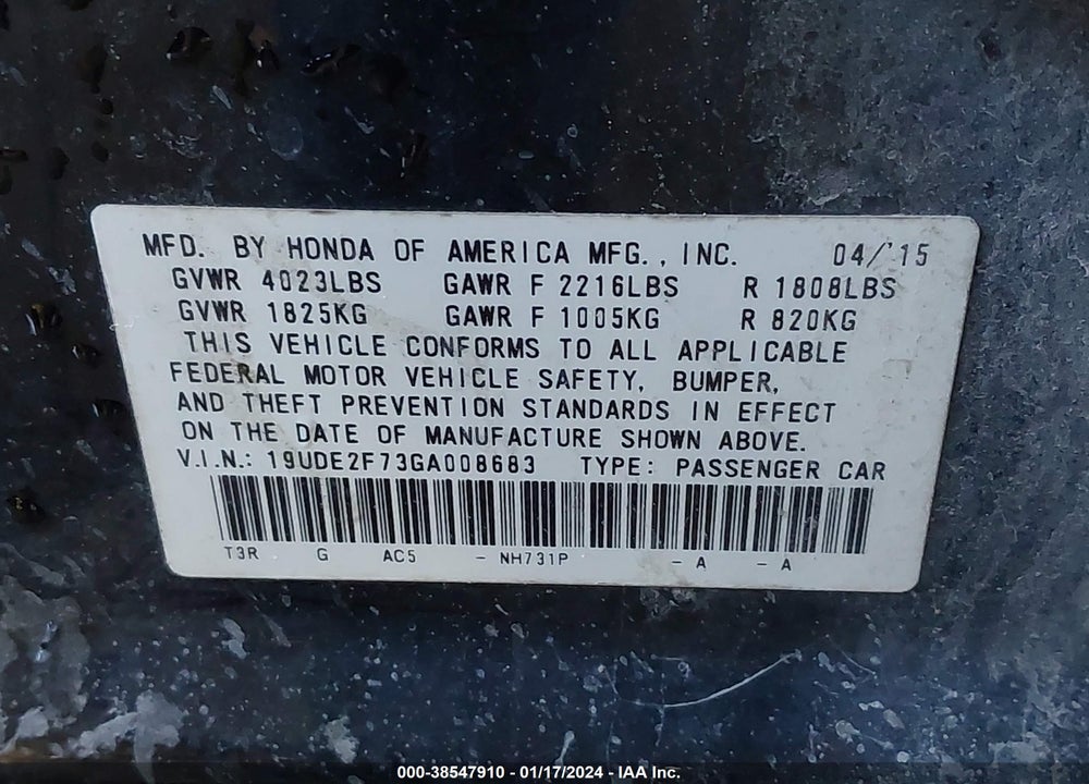 2016 ACURA ILX PREMIUM PACKAGE/TECHNOLOGY PLUS PACKAGE VIN: 19UDE2F73GA008683