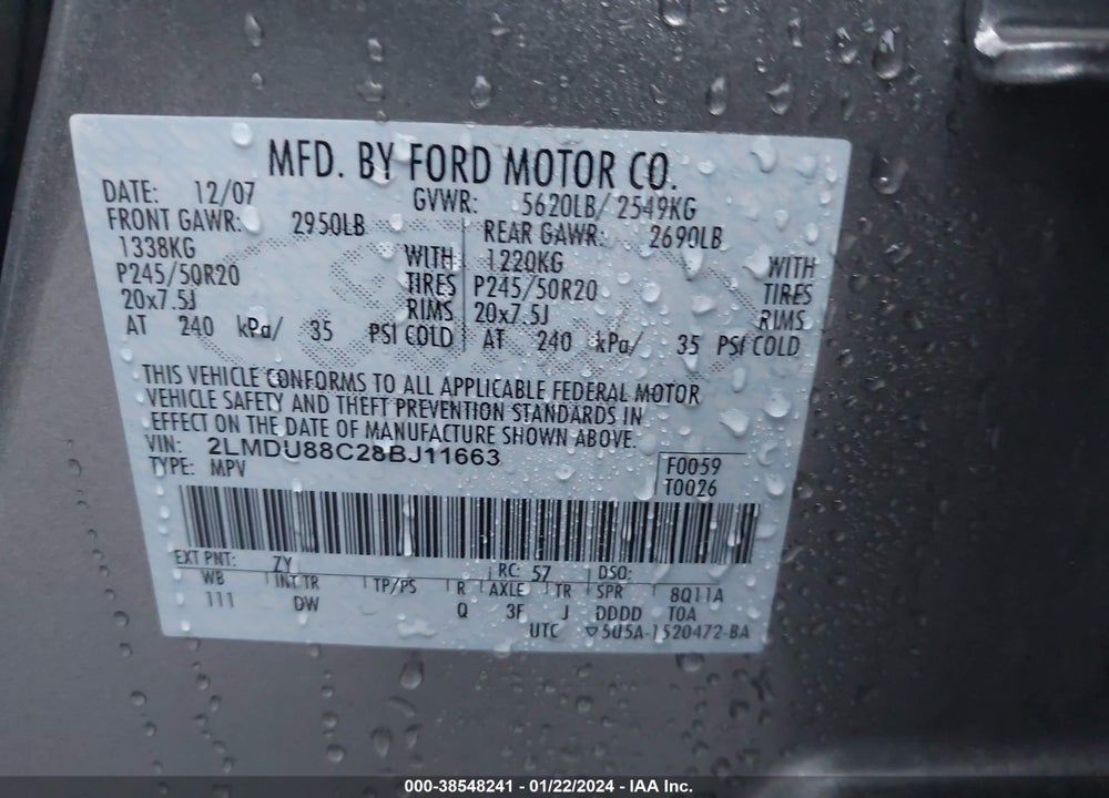 2008 LINCOLN MKX VIN: 2LMDU88C28BJ11663