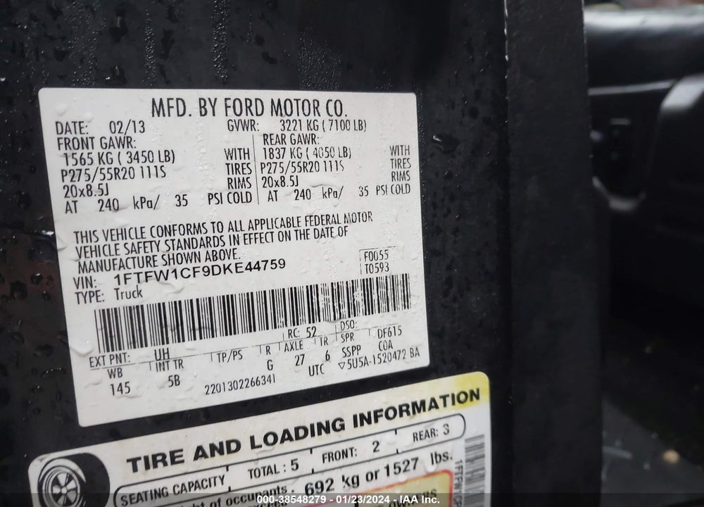 2013 FORD F-150 FX2 VIN: 1FTFW1CF9DKE44759