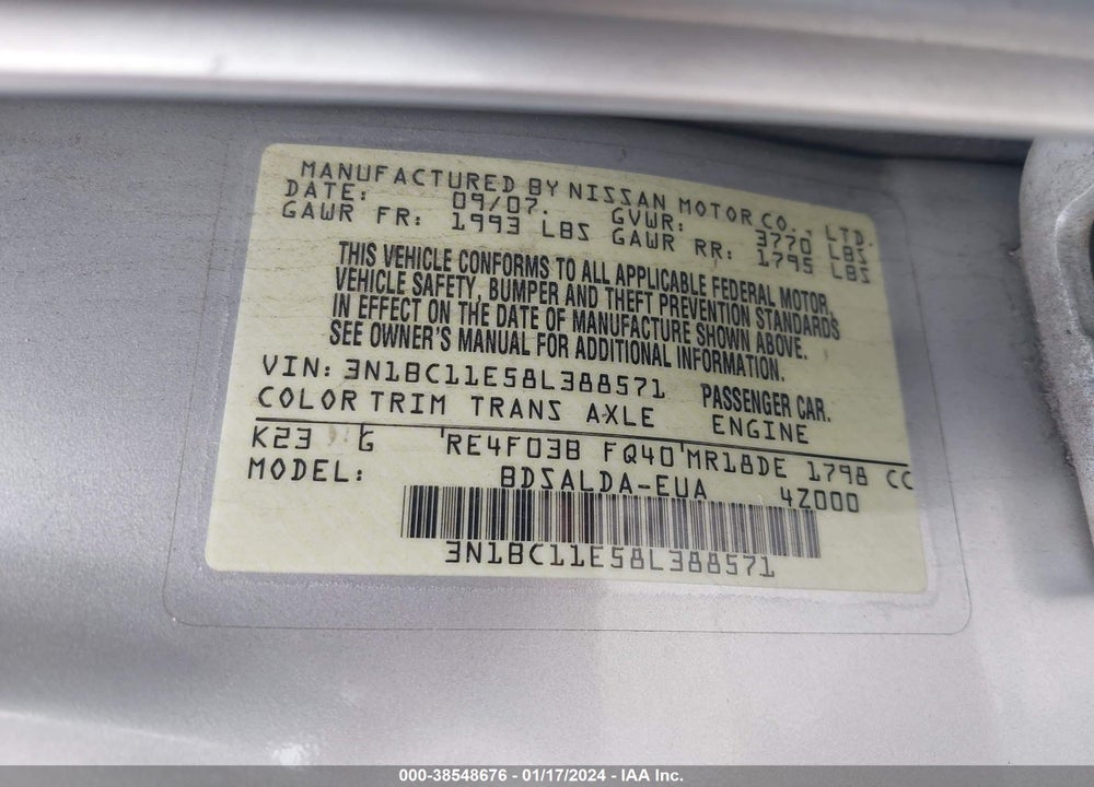 2008 NISSAN VERSA 1.8S VIN: 3N1BC11E58L388571