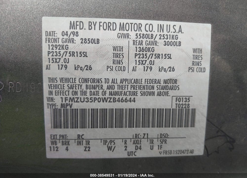 1998 FORD EXPLORER EDDIE BAUER/LIMITED/XLT VIN: 1FMZU35P0WZB46644