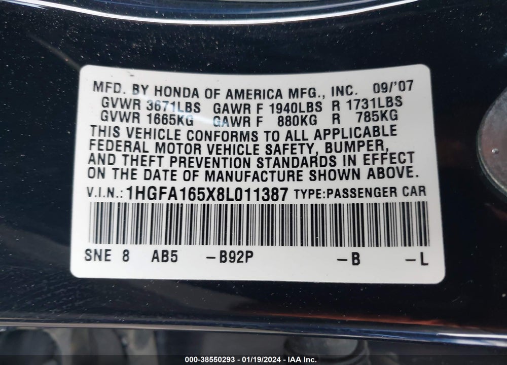 2008 HONDA CIVIC LX VIN: 1HGFA165X8L011387