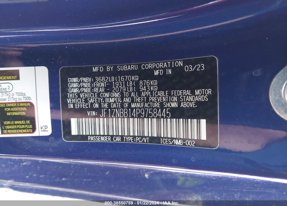 2023 TOYOTA GR86 VIN: JF1ZNBB14P9758445