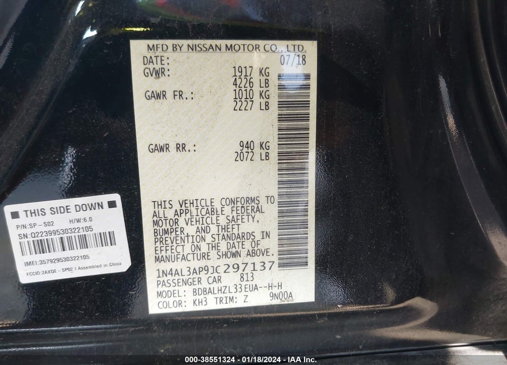 2018 NISSAN ALTIMA 2.5 SR VIN: 1N4AL3AP9JC297137