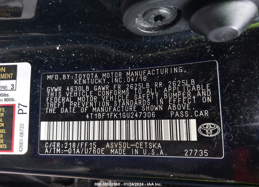 2016 TOYOTA CAMRY SE VIN: 4T1BF1FK1GU247306