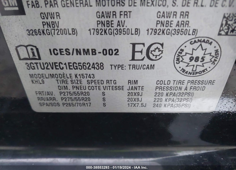2014 GMC SIERRA 1500 SLT VIN: 3GTU2VEC1EG562438