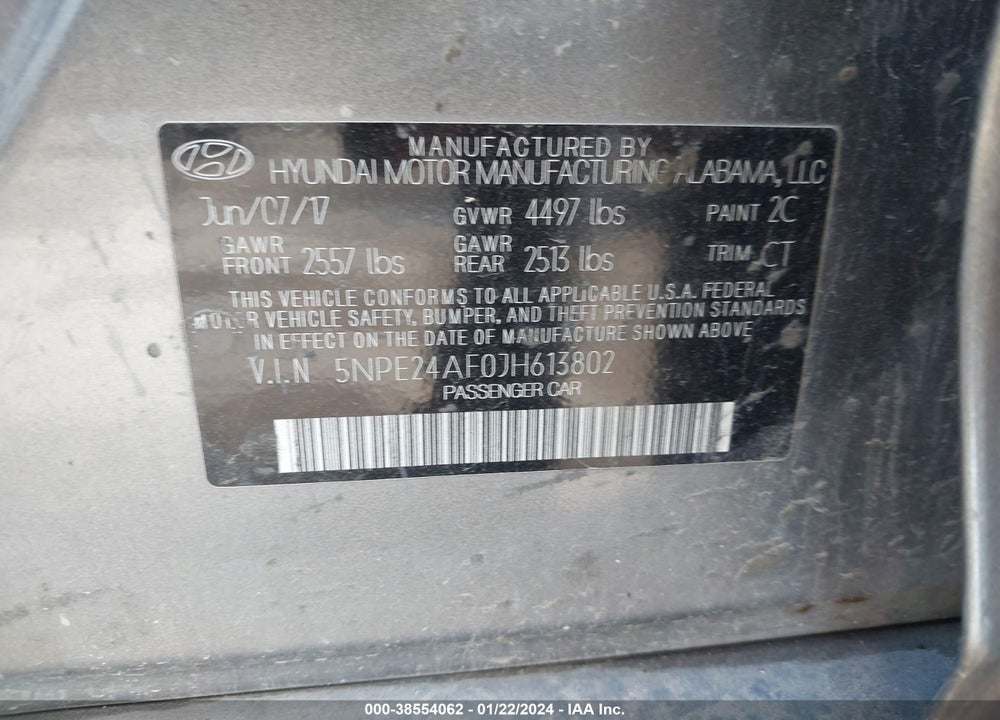 2018 HYUNDAI SONATA SE VIN: 5NPE24AF0JH613802