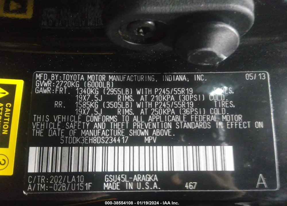 2013 TOYOTA HIGHLANDER LIMITED V6 VIN: 5TDDK3EH8DS234417