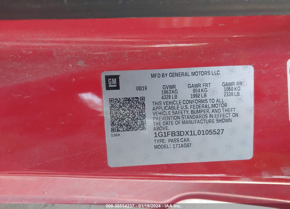 2020 CHEVROLET CAMARO RWD 1LT VIN: 1G1FB3DX1L0105527