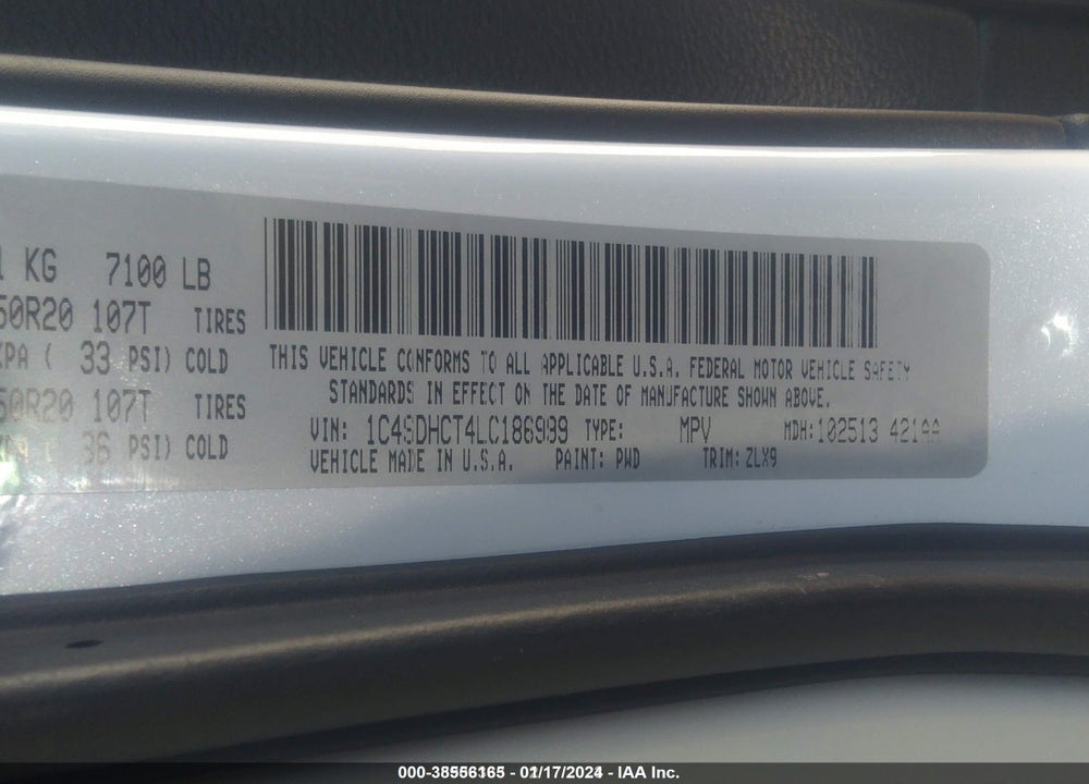 2020 DODGE DURANGO VIN: 1C4SDHCT4LC186999