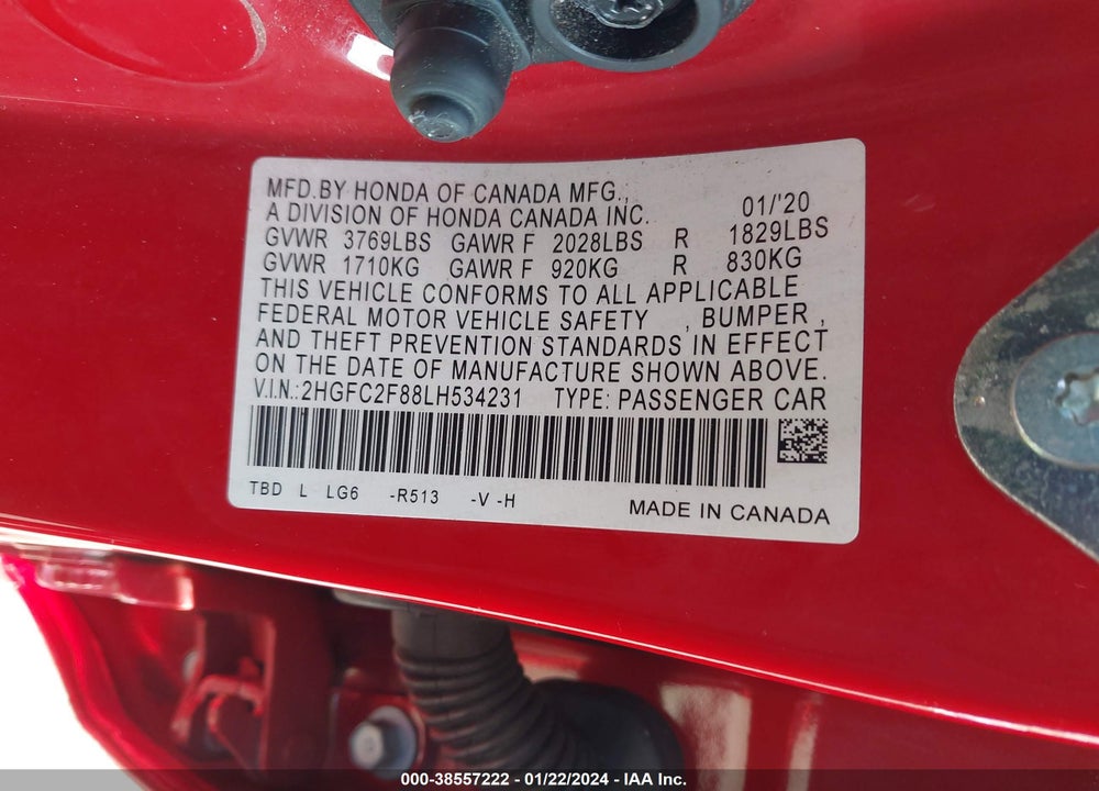 2020 HONDA CIVIC SPORT VIN: 2HGFC2F88LH534231