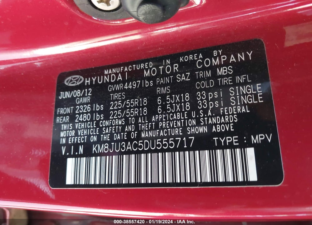 2013 HYUNDAI TUCSON LIMITED VIN: KM8JU3AC5DU555717