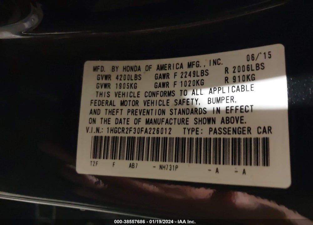 2015 HONDA ACCORD LX VIN: 1HGCR2F30FA226012