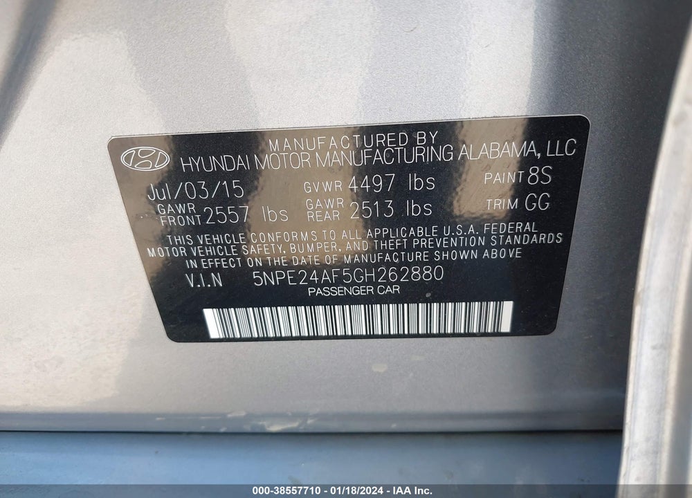 2016 HYUNDAI SONATA SE VIN: 5NPE24AF5GH262880