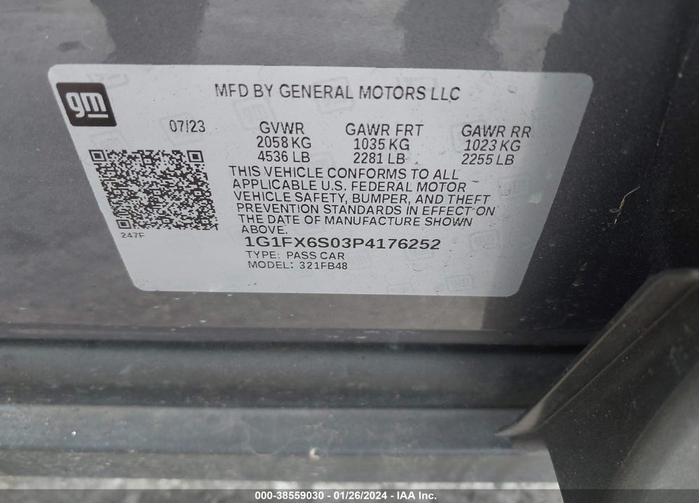 2023 CHEVROLET BOLT EV FWD 2LT VIN: 1G1FX6S03P4176252