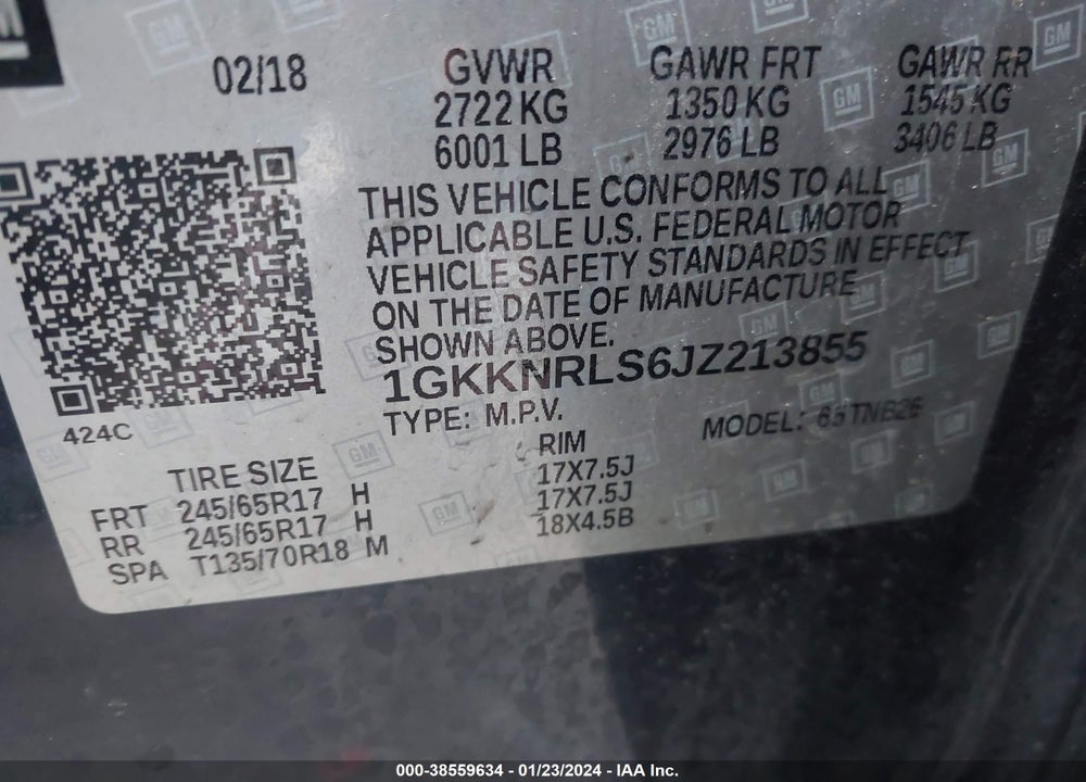 2018 GMC ACADIA SLE-1 VIN: 1GKKNRLS6JZ213855