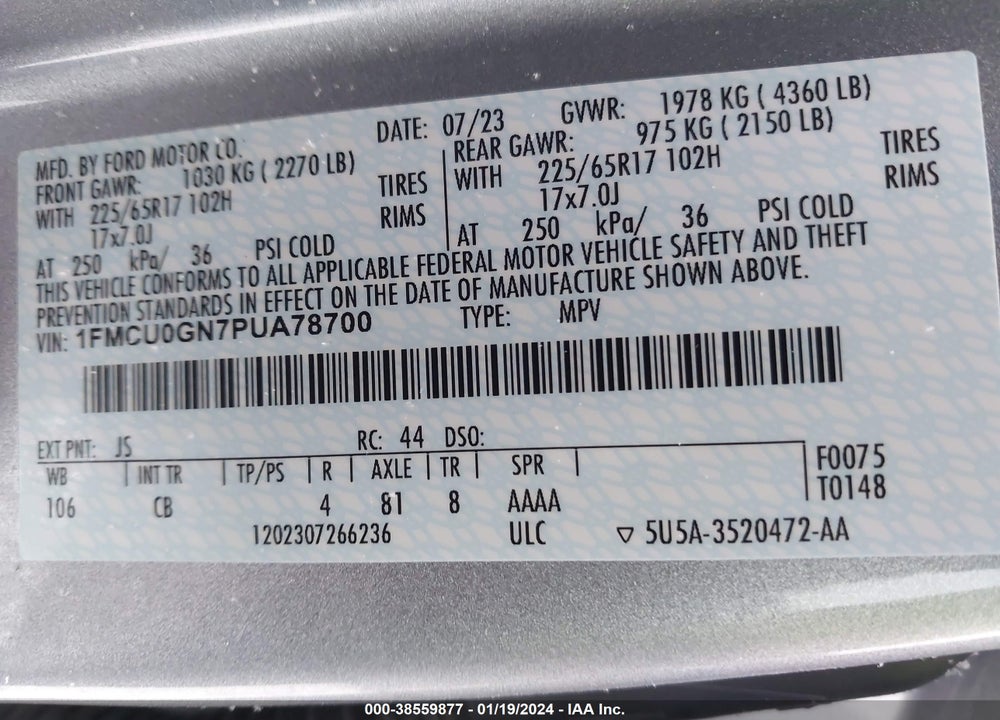 2023 FORD ESCAPE ACTIVE VIN: 1FMCU0GN7PUA78700