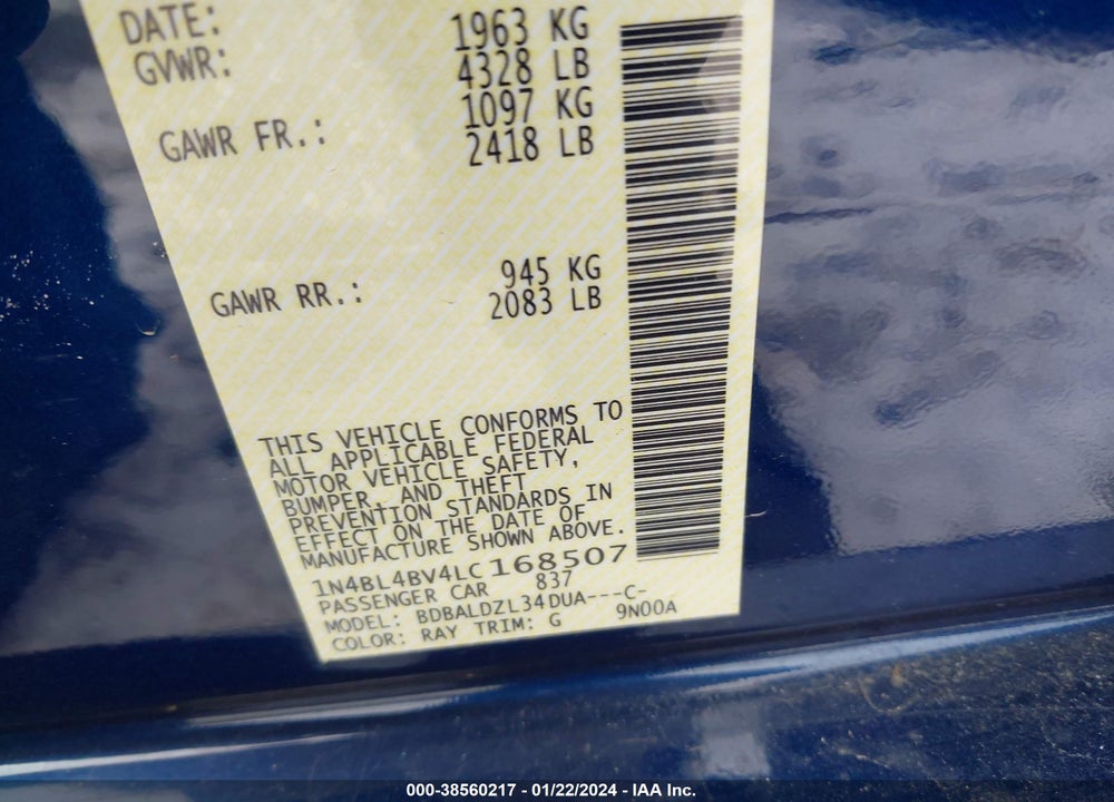 2020 NISSAN ALTIMA S FWD VIN: 1N4BL4BV4LC168507