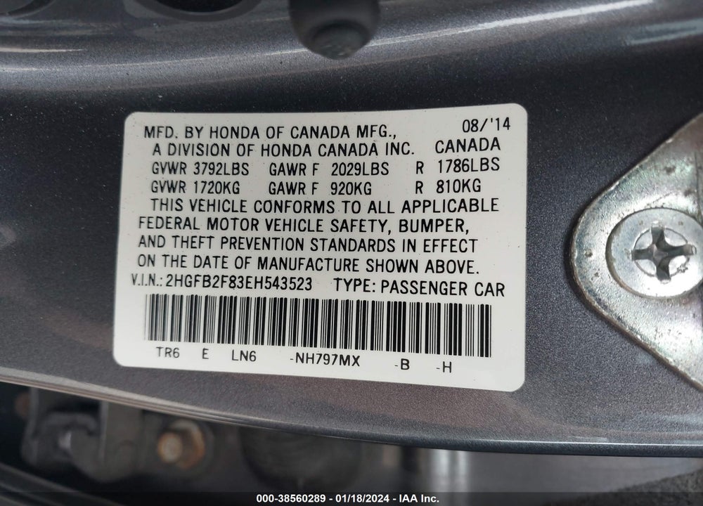 2014 HONDA CIVIC EX VIN: 2HGFB2F83EH543523