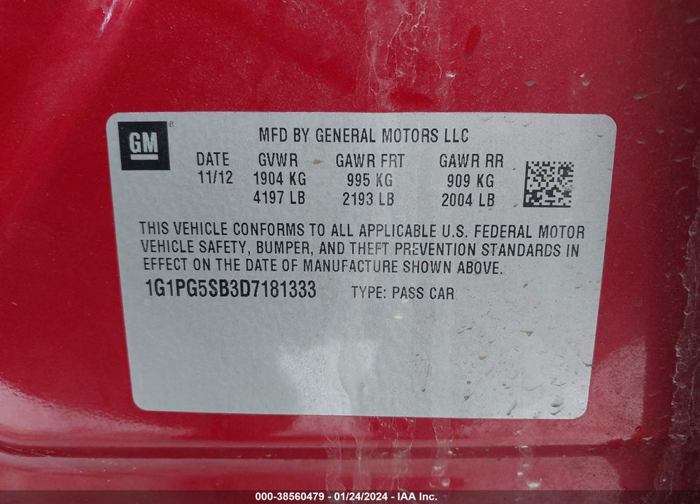 2013 CHEVROLET CRUZE VIN: 1G1PG5SB3D7181333