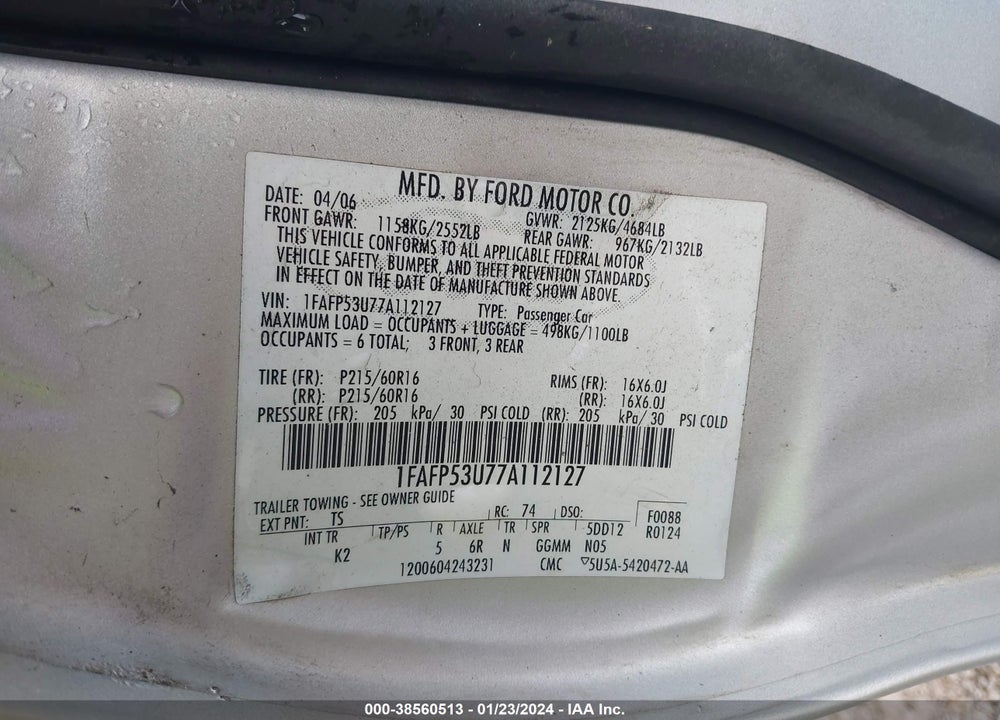2007 FORD TAURUS SE VIN: 1FAFP53U77A112127
