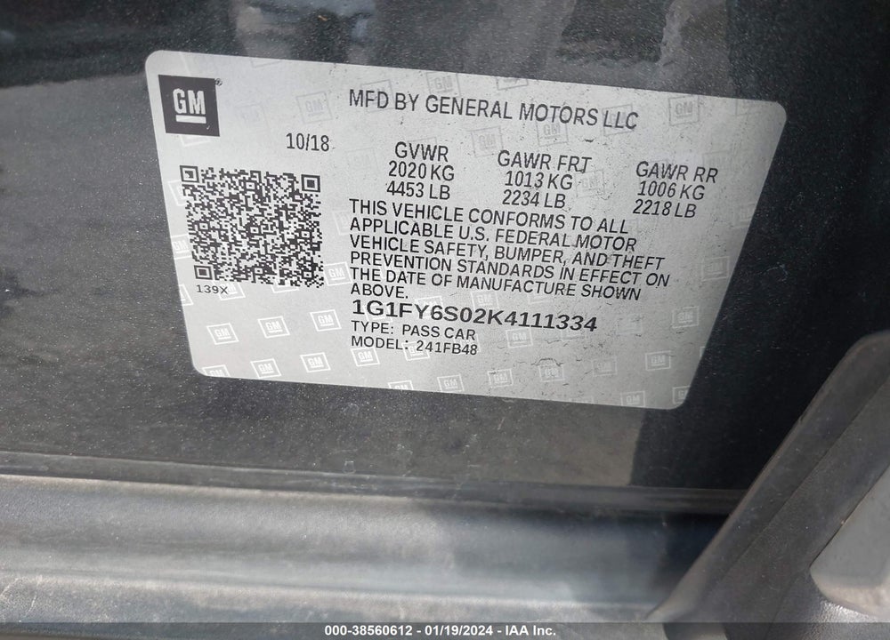 2019 CHEVROLET BOLT EV LT VIN: 1G1FY6S02K4111334