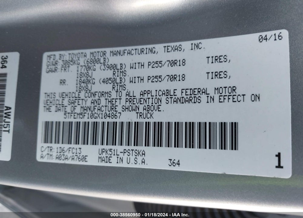 2016 TOYOTA TUNDRA SR5 4.6L V8 VIN: 5TFEM5F10GX104867