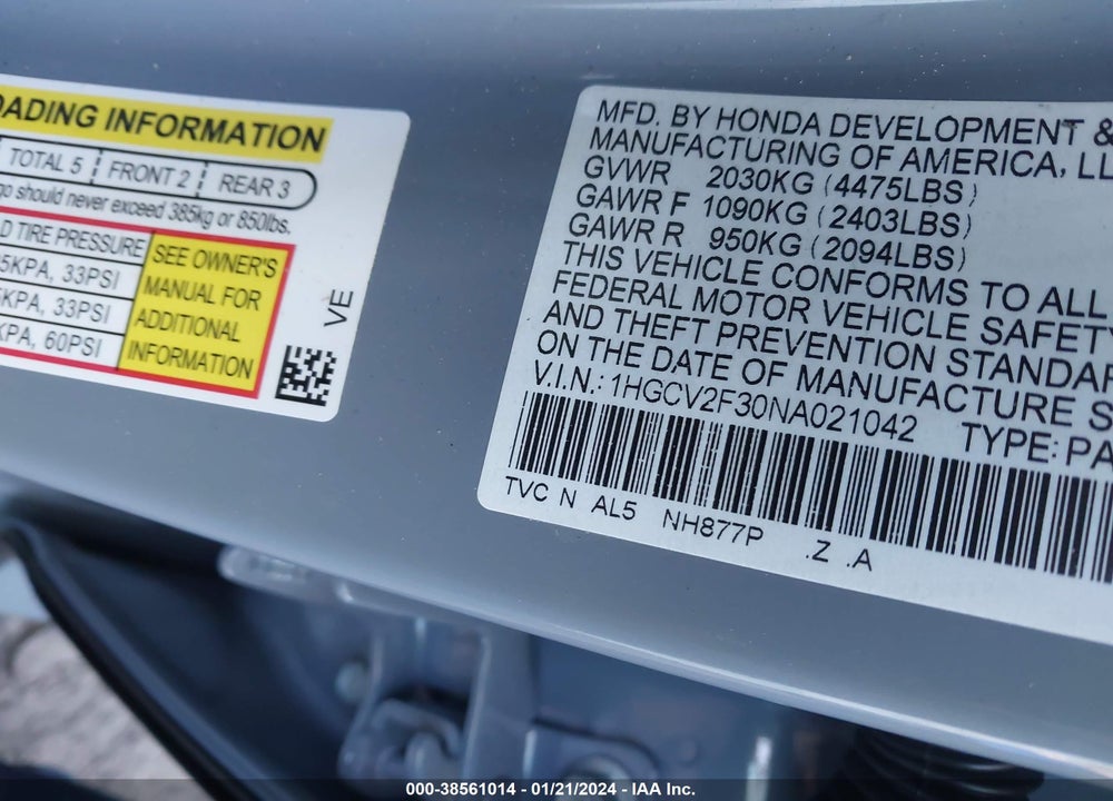 2022 HONDA ACCORD SPORT 2.0T VIN: 1HGCV2F30NA021042