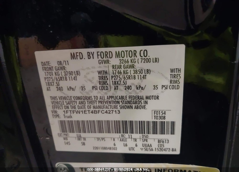 2011 FORD F-150 FX4 VIN: 1FTFW1ET4BFC42713
