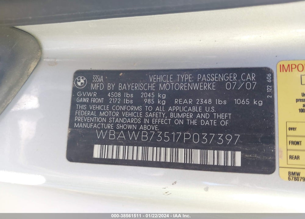 2007 BMW 335I VIN: WBAWB73517P037397