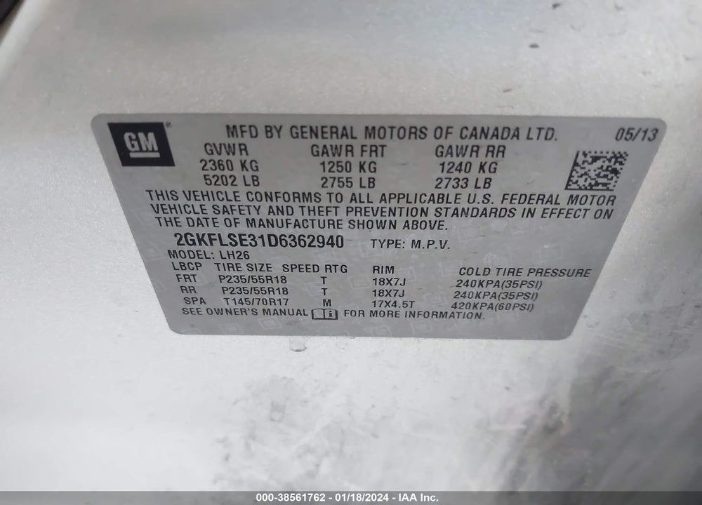 2013 GMC TERRAIN SLE-2 VIN: 2GKFLSE31D6362940