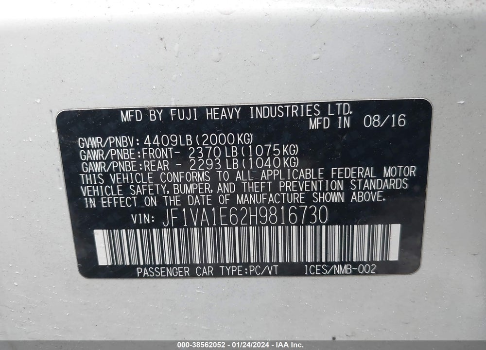 2017 SUBARU WRX PREMIUM VIN: JF1VA1E62H9816730