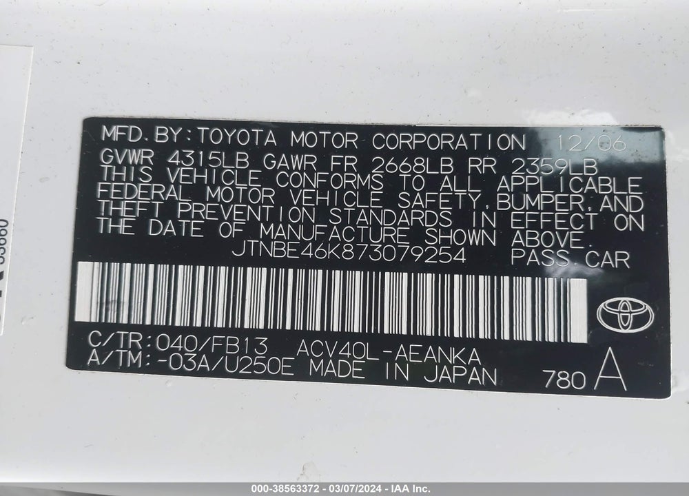 2007 TOYOTA CAMRY LE VIN: JTNBE46K873079254