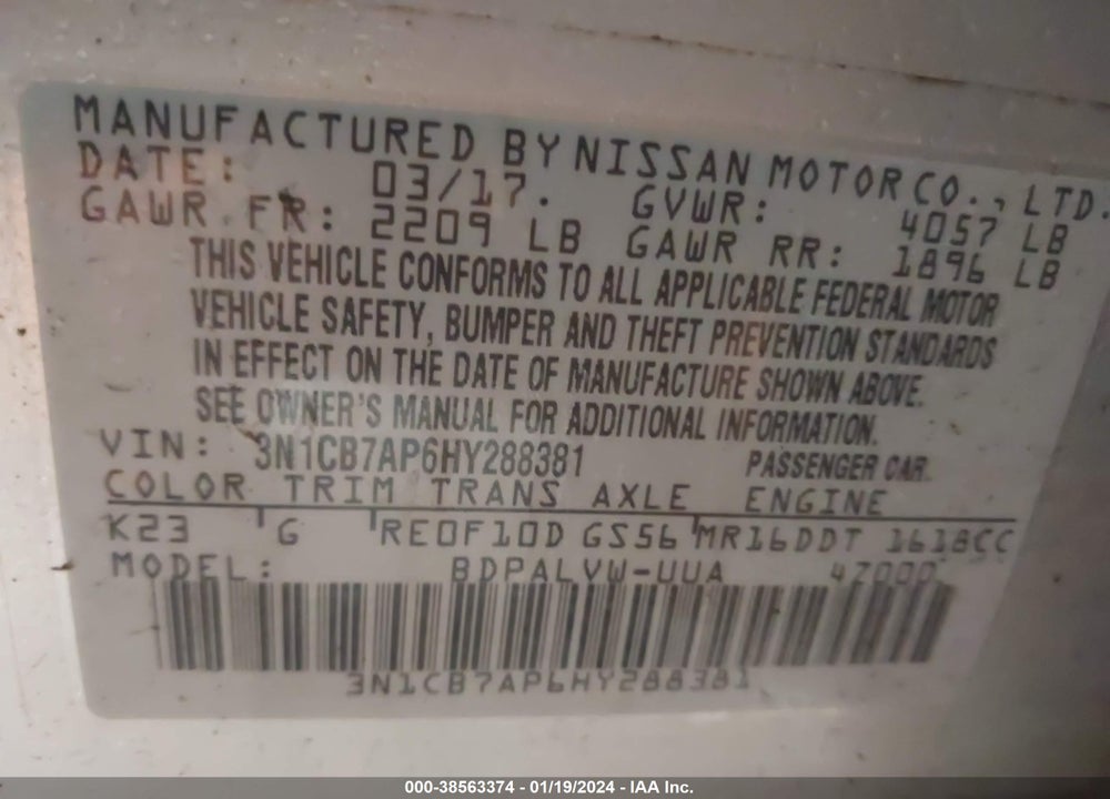 2017 NISSAN SENTRA NISMO VIN: 3N1CB7AP6HY288381