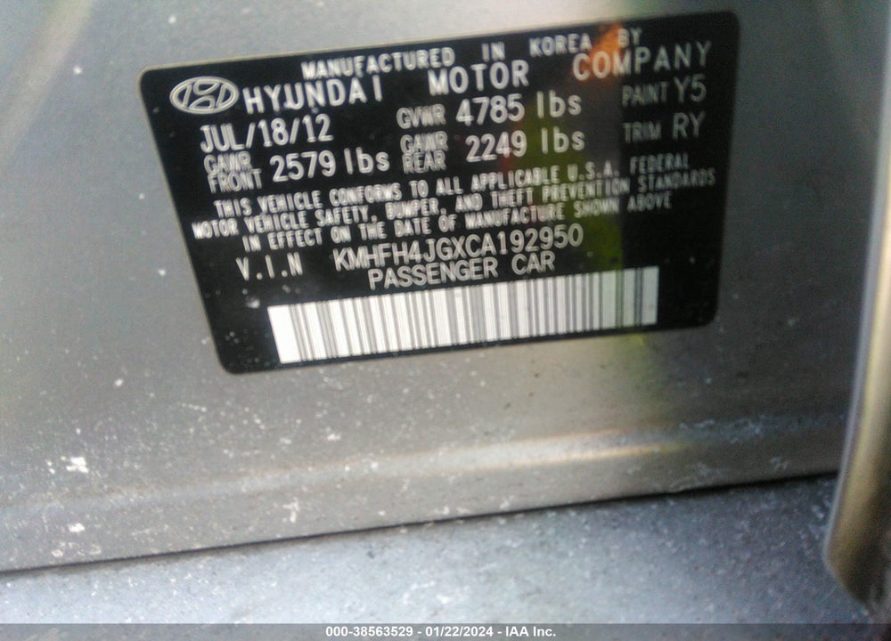 2012 HYUNDAI AZERA VIN: KMHFH4JGXCA192950