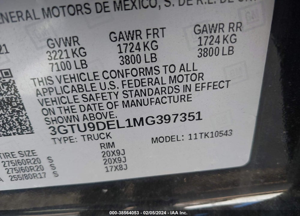 2021 GMC SIERRA 1500 SLT VIN: 3GTU9DEL1MG397351
