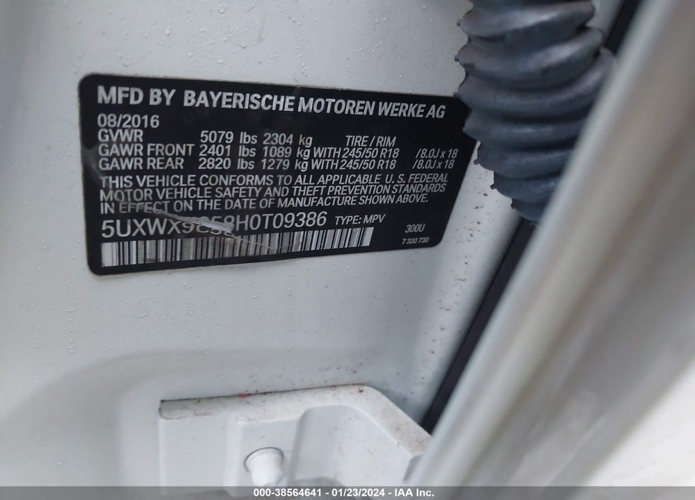 2017 BMW X3 XDRIVE28I VIN: 5UXWX9C58H0T09386
