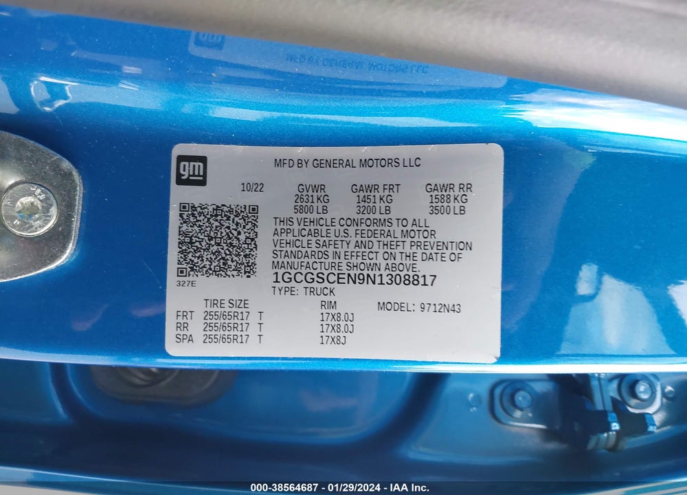 2022 CHEVROLET COLORADO 2WD SHORT BOX LT VIN: 1GCGSCEN9N1308817