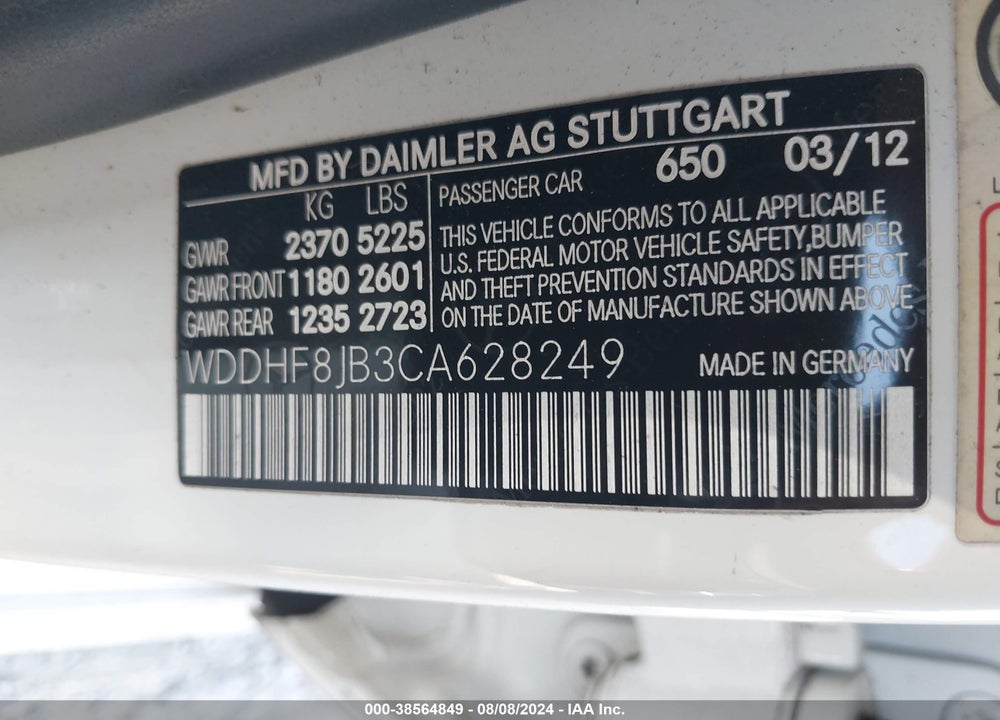 2012 MERCEDES-BENZ E 350 4MATIC VIN: WDDHF8JB3CA628249