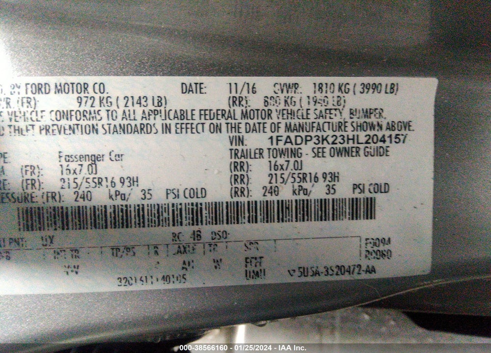 2017 FORD FOCUS SE VIN: 1FADP3K23HL204157