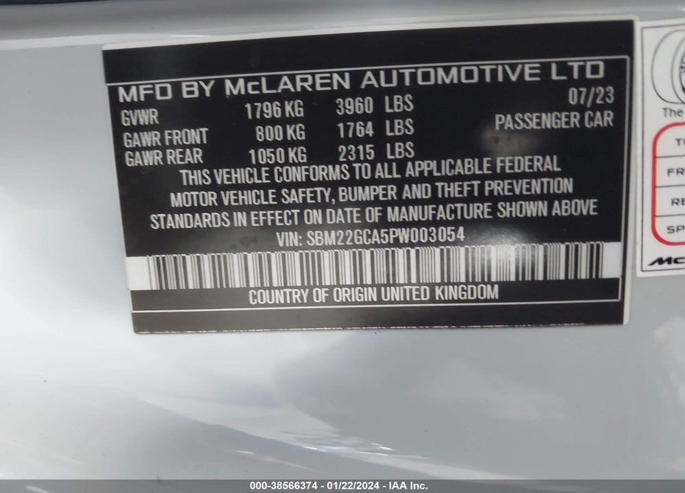 2023 MCLAREN GT VIN: SBM22GCA5PW003054