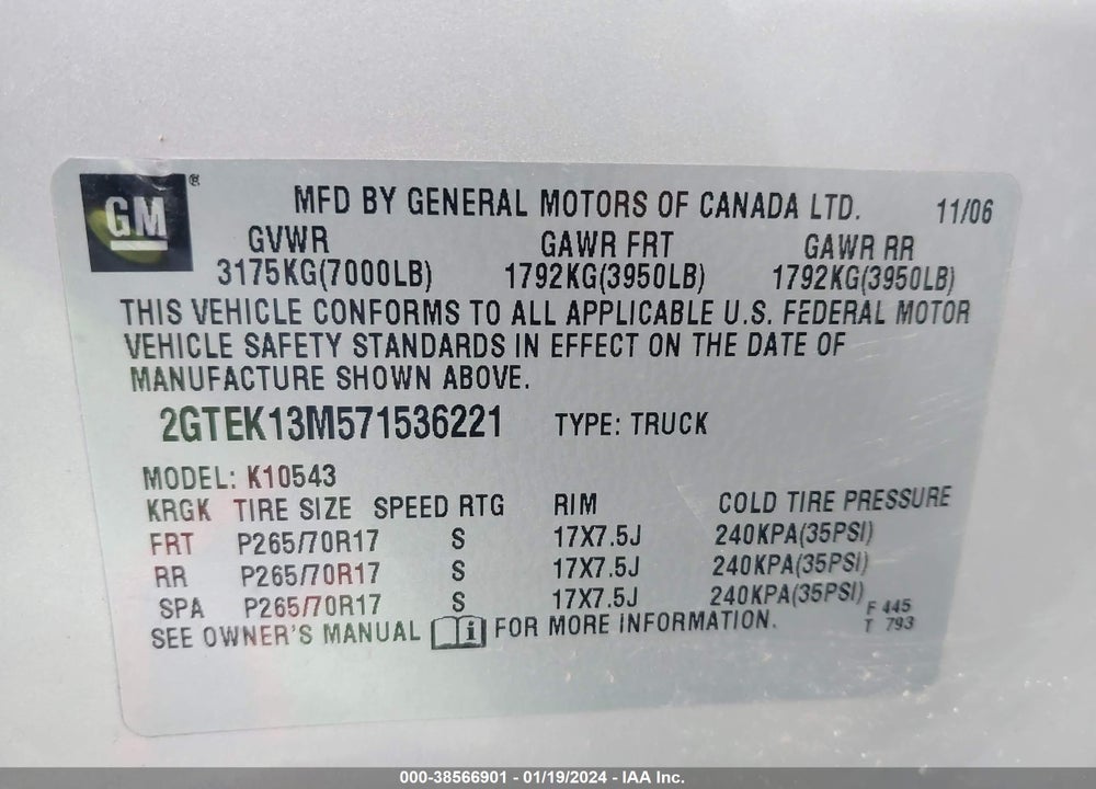 2007 GMC SIERRA 1500 SLT VIN: 2GTEK13M571536221